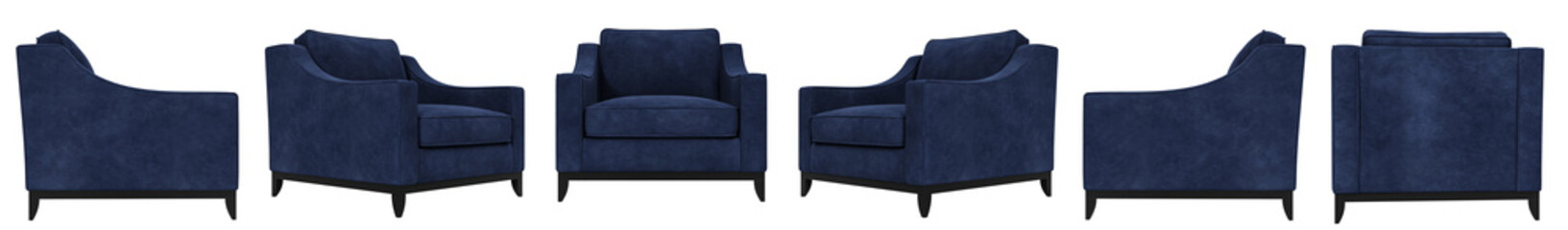 Navy blue velvet  fabric armchair set  with wooden legs isolated on white background. Furniture...