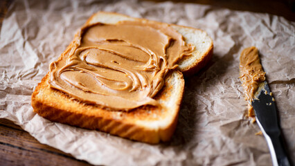 Peanut butter on toasted bread placed on a parchment paper with wooden background. Selective focus.