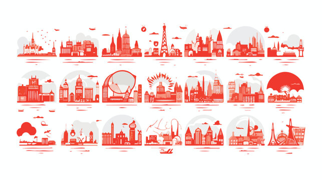 Vector image city stamp icons with red background.