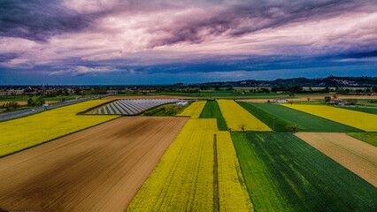Panorama of Po Valley fields, from the drone, Alessandria, Piedmont, Italy