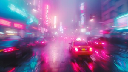 Defocused Haze A misty cityscape blurs into a dreamlike haze while the neon lights of passing cars create a vibrant otherworldly energy. . - obrazy, fototapety, plakaty