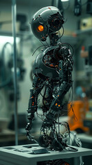 Stop-motion animation of a robot assembly, realistic natural science photography, copy space