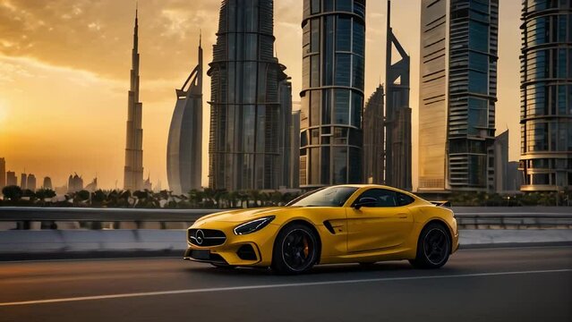 yellow sport car against the backdrop of city high-rises in the light of a red sunset. The concept of modern life