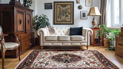 Indoors, a beautiful rug anchors the space, complementing a sofa, armchair, and chest of drawers. This ensemble creates a cozy and inviting atmosphere