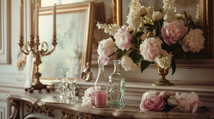 A decorative composition graces the fireplace in a classic interior, featuring peony flowers, candles, a candelabra, a glass bottle, and empty gilded frames. 