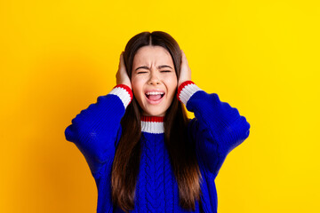 Photo portrait of pretty teen girl cover ears avoid noise crying wear trendy knitwear blue outfit...