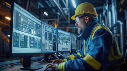 engineer controller working with data base from Scada system computer screen.