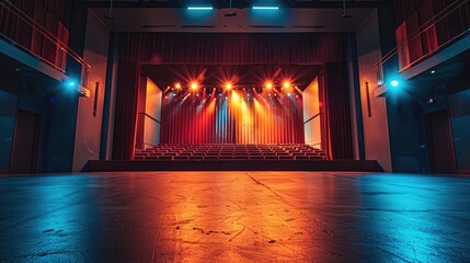 A stage with a red curtain and lights on it