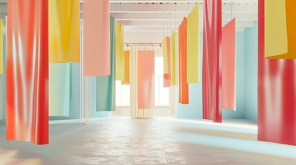 Blank mockup of a collection of blank flags suspended from a ceiling and creating a playful and colorful display. .