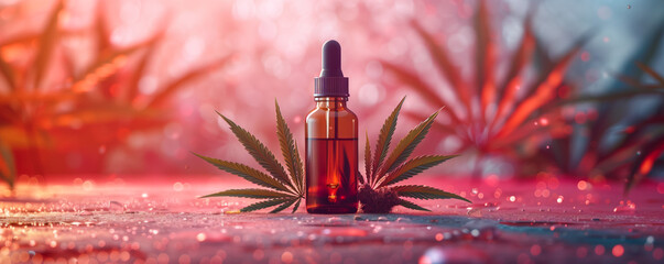 CBD oil dropper bottle without label. Cannabis oil on a pink blue background, with leaves and inflorescences of cannabis. Banner with place for text. Template for design. CBD oil concept - obrazy, fototapety, plakaty
