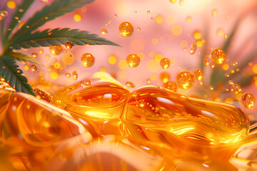 CBD oil extreme close-up. Cannabis oil shimmers with tones of orange. Hemp oil with bubbles and cannabis leaf. CBD oil concept - obrazy, fototapety, plakaty