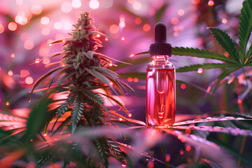 Bottle of CBD oil with a pipette next to a varietal cannabis bush with juicy ripe inflorescences with trichomes. Violet magenta mockup with bokeh. Template for design. CBD oil concept - obrazy, fototapety, plakaty