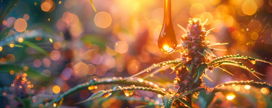 Cannabis inflorescence with purple trichomes. A large drop of CBD oil against the background of a cannabis bush. Template for design. Banner with place for text. CBD oil concept