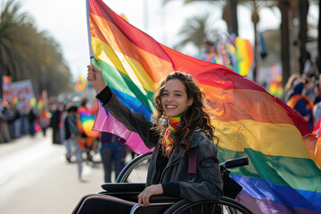 Young latin girl in wheelchair holding rainbow flag celebrating LGBTQ Pride Parade outdoors. 