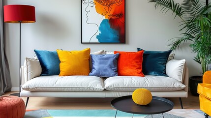 Scandinavian interior design of modern living room, home. Colorful vibrant pillows on a white sofa against the wall with the art poster frame.