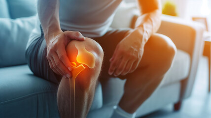 pain in the joints of the knee and lower leg, joint diseases, arthritis, concept of sports and medical anatomy and body health, man on the sofa at home suffering from pain - obrazy, fototapety, plakaty