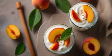 "Summery Delight: Yogurt with Fresh Peaches on Vibrant Background, Ideal for Healthy Eating Concepts top view 






