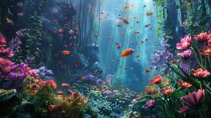 Obraz na płótnie Canvas A vibrant underwater landscape with colorful fish and blooming flowers generated by artificial intelligence , Generative ai, 