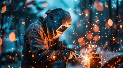 A welder weld industry steel with spark at factory - Powered by Adobe