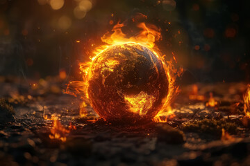 climate change, burning globe amidst flames and embers, intense glow in dark environment - obrazy, fototapety, plakaty