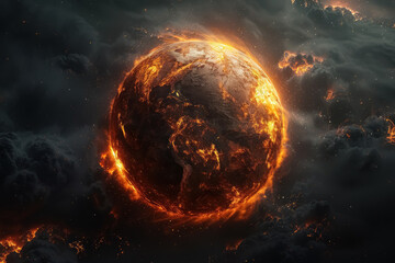 flames engulfing glowing globe amidst dark ominous clouds, symbolizing climate change - obrazy, fototapety, plakaty