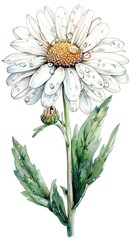 Illustrate the intricate patterns of a dew-kissed daisy in detailed pen and ink, highlighting the contrast between the delicate white petals and the lush green stem
