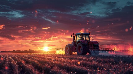 Obraz premium irrigation tractor driving spraying or harvesting an agricultural crop at sunset with information infographic data datum as banner design for agriculture industry and food supply production concepts