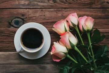 Fototapeta na wymiar Embracing the new day with coffee and roses