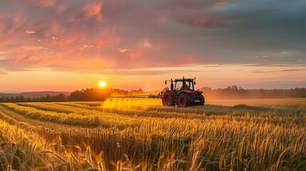 Fototapeta premium irrigation tractor driving spraying or harvesting an agricultural crop at sunset with information infographic data datum as banner design for agriculture industry and food supply production concepts