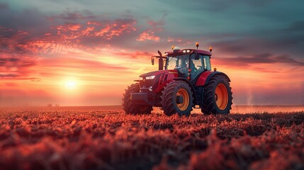 Obraz premium irrigation tractor driving spraying or harvesting an agricultural crop at sunset with information infographic data datum as banner design for agriculture industry and food supply production concepts