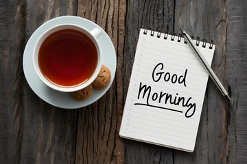 Good morning written on a notepad beside tea and cookies