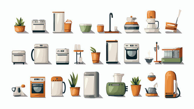 Vector image icon set of household elements with wh