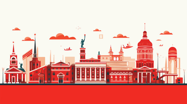 Vector image icons of city monuments with red background