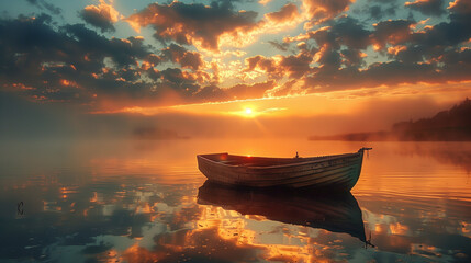 A boat is floating on a lake at sunset