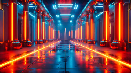 Modern Corridor Illuminated with Neon Lights, Creating a Futuristic and Stylish Space