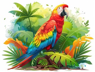 Vibrant illustration of a red macaw parrot with vivid blue and yellow feathers, perched in a dense, green jungle full of tropical foliage.