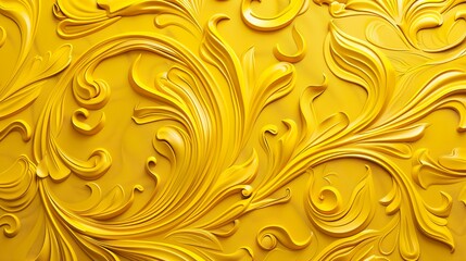 A yellow embossed background of flowers and leaves displays an intricate, tactile texture of depth and visual interest. Flowers and leaves carved in relief on the background.