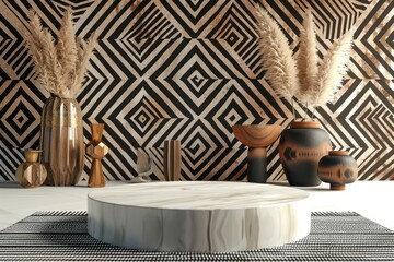 Obraz premium Modern Living Room With Black and White Wallpaper and Vases