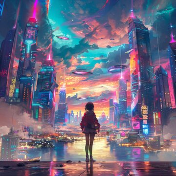 A cyberpunk character standing in the center of an urban street scene, surrounded by neon-lit buildings and holographic billboards