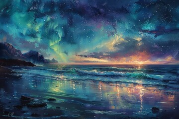 Fototapeta na wymiar A painting of a beach with a beautiful blue ocean and a sky full of stars