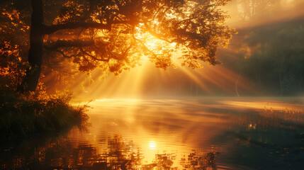 A tree is reflected in the water, with the sun shining on it