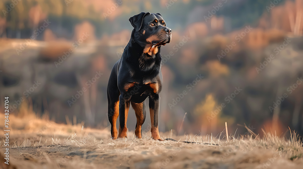 Wall mural An imposing Rottweiler, with a strong and muscular build, standing proudly in a regal pose against a backdrop of rugged terrain.