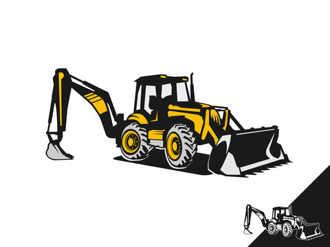 The vector illustration portrays a backhoe loader, depicting its versatile features such as hydraulic arms, scoop bucket, and robust tires with intricate detail. 