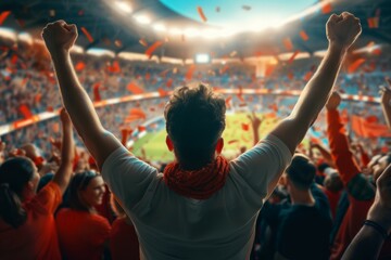 A man is standing in a stadium with a red scarf around his neck. Football fans support the team