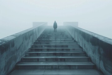 A person is walking up a set of stairs in the rain. Business concept, background - Powered by Adobe
