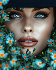 a close up of a woman s face surrounded by flowers
