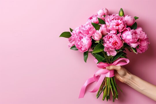 Female hand holding a bouquet of pink peonies on a pink background