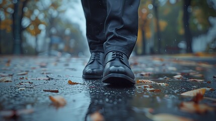 Low section of businessman walking on wet street during rain. Close up of male legs in brown boots