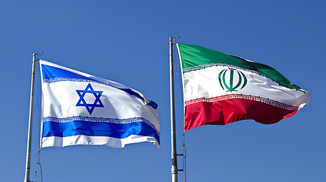 An image featuring the flags of Israel and Iran side by side, gently fluttering in the breeze against a backdrop of clear blue sky.