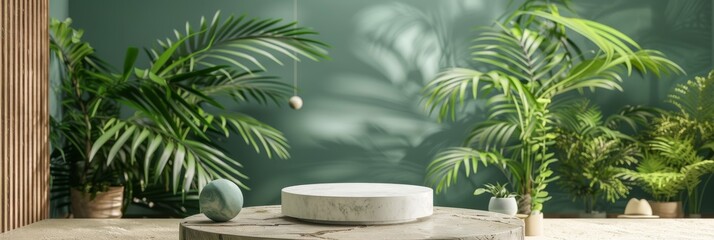 Fototapeta premium Table With Plant in Front of Green Wall